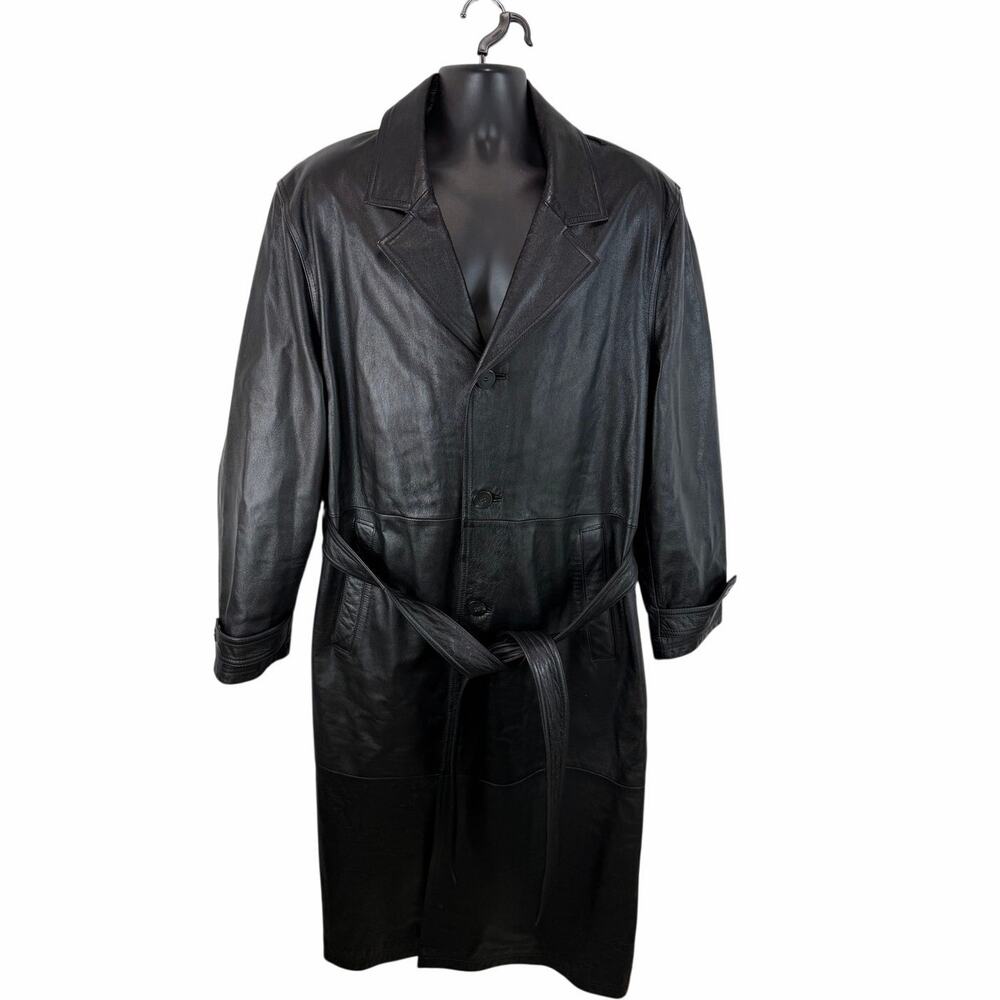 Wilson’s Leather Trench Coat Size XXL Belted Black Genuine Leather Button Front